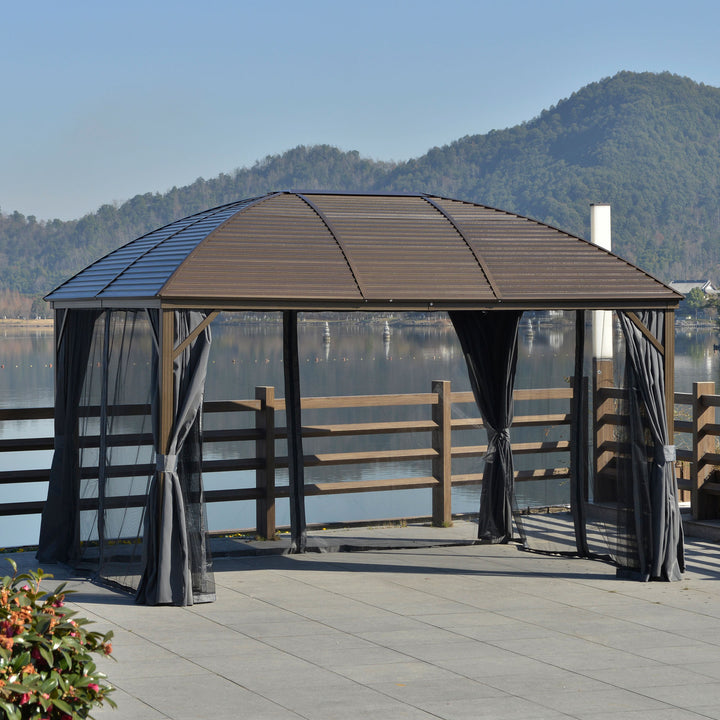 Outsunny 4 x 3(m) Patio Aluminium Gazebo Hardtop Metal Roof Canopy Party Tent Garden Outdoor Shelter with Mesh Curtains &amp; Side Walls, Dark Grey
