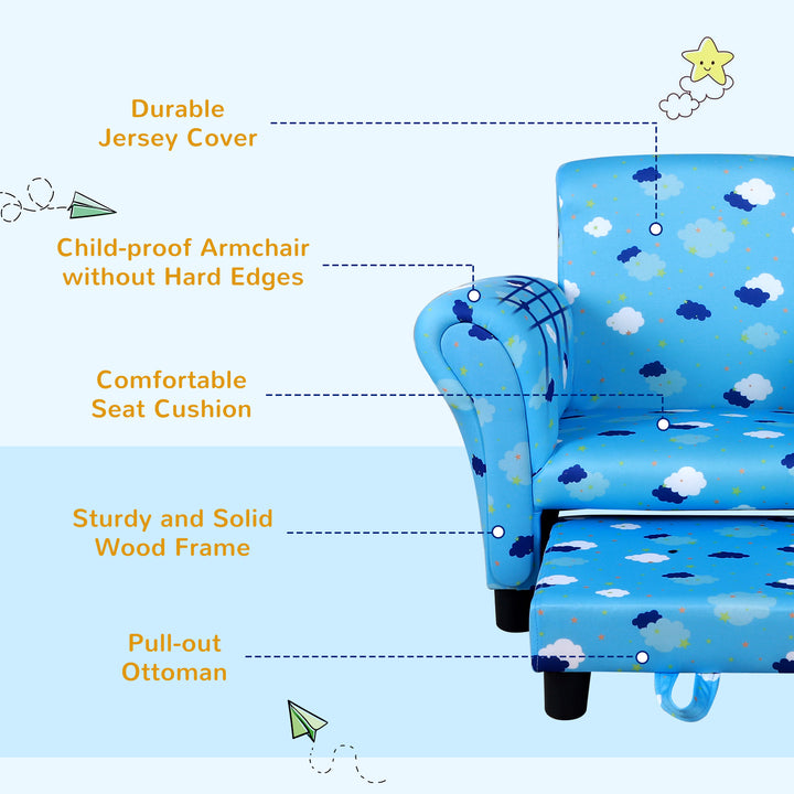 Kids Children Armchair Mini Sofa Wood Frame w/ Footrest Anti-Slip Legs High Back Arms Bedroom Playroom Furniture Cute Cloud Star Blue