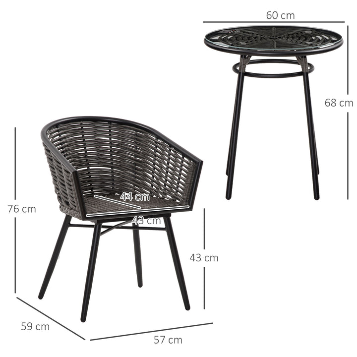 Outsunny Rattan Bistro Set 2-Seater Wicker Garden Furniture Round Table for Patio and Balcony w/ Cushions, Grey