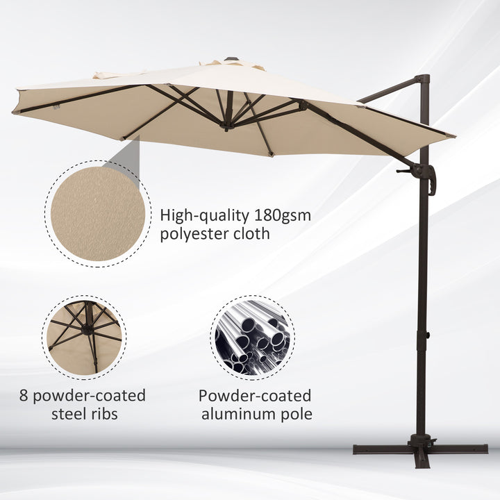 3M Banana Parasol Hanging Cantilever Umbrella W/ Cross Base Hand Crank Aluminium Frame 360°Rotation Hand Crank-Beige