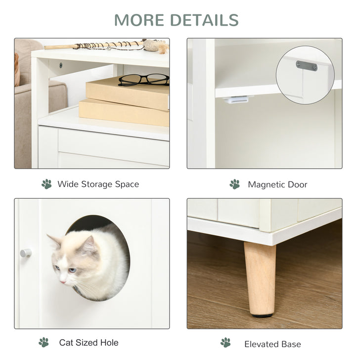 PawHut Cat Litter Box Enclosure Washroom Cave House Decorative End Table Wooden Cabinet Indoor with Magnetic Door Multiple Storage Space White