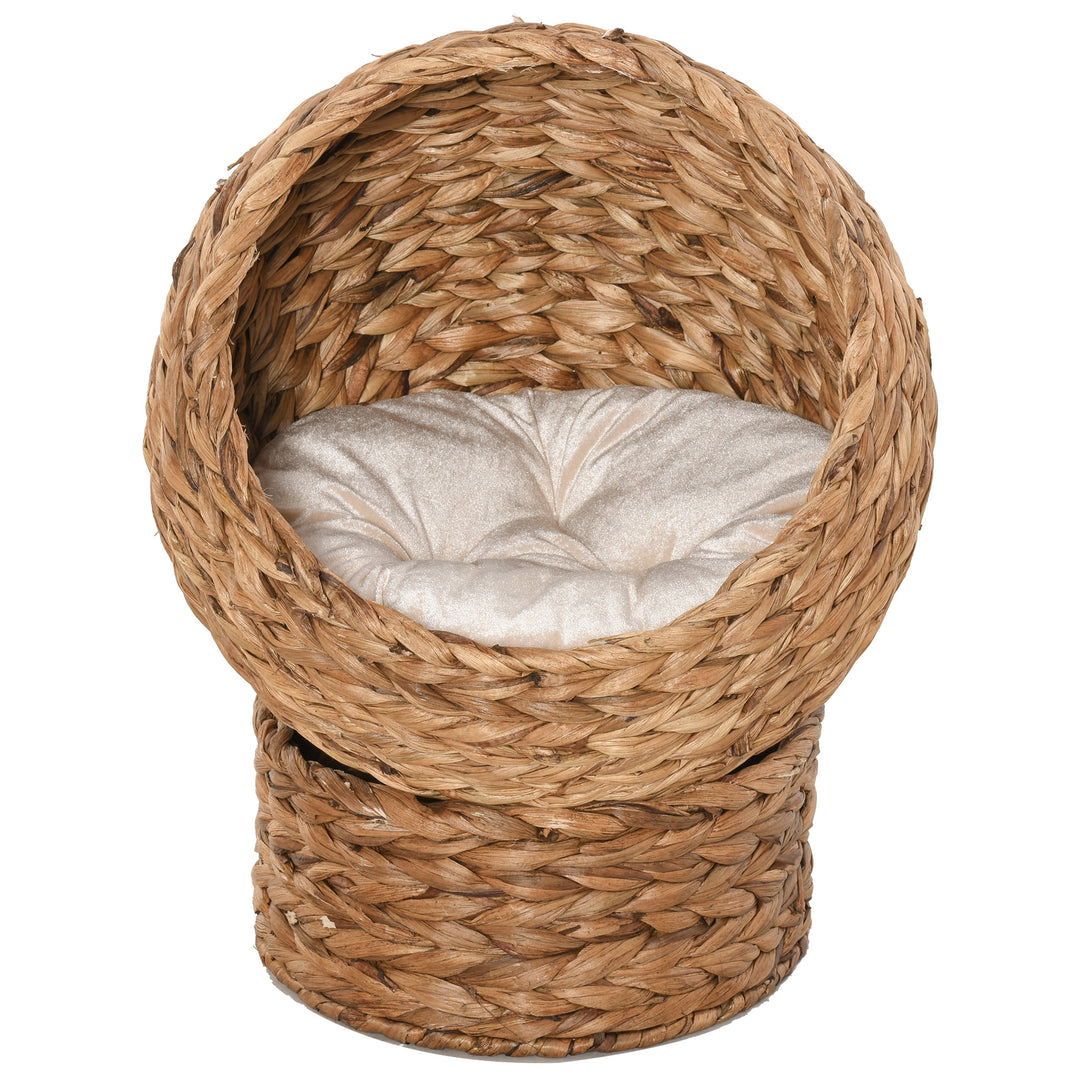 Wicker Cat Bed, Raised Rattan Cat Basket with Cylindrical Base, Soft Washable Cushion, Brown, 42 x 33 x 52 cm