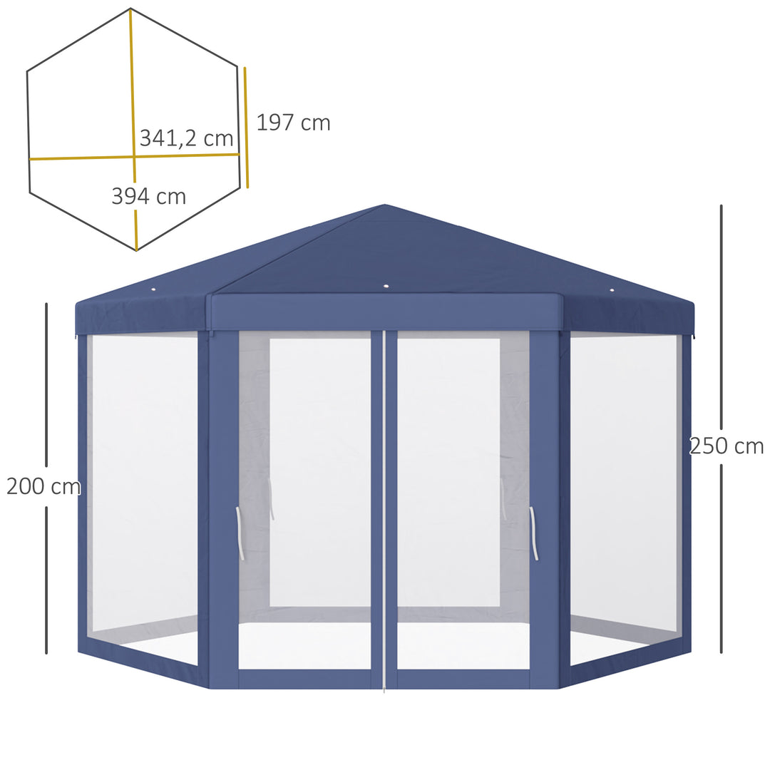Outsunny 4M Netting Gazebo Hexagon Tent Patio Canopy Outdoor Shelter Party Activities Shade Resistant (Blue)