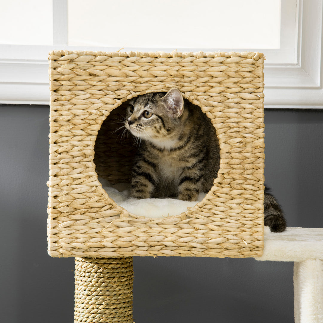 Cat Tree for Indoor Cats Kitten Tower Cattail Weave with Scratching Posts, Cat House, Bed， Washable Cushions Natural, 57 x 37 x 100.5 cm