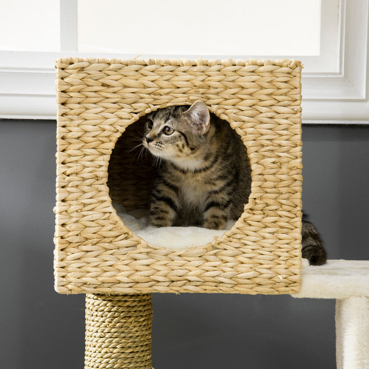 Cat Tree for Indoor Cats Kitten Tower Cattail Weave with Scratching Posts, Cat House, Bed， Washable Cushions Natural, 57 x 37 x 100.5 cm