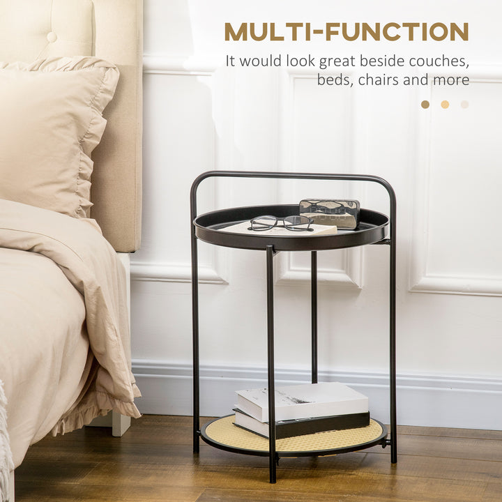 Round Side Table with Detachable Tray and Plastic Rattan Shelf, End Table with Steel Frame, Black