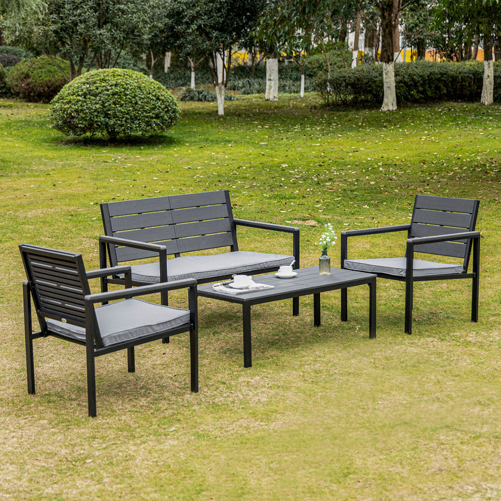 4 Piece Garden Sofa Set with Padded Cushions, Outdoor Conversation Furniture Set with Wood Grain Coffee Table, Steel Frame Grey