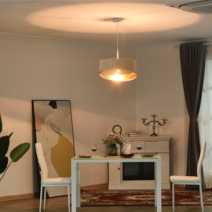 Modern Pendant Light with Adjustable Hanging Chain and Two Bevel Nested Lampshade, Metal Chandelier for Living Room, Bedroom, Beige and Gold