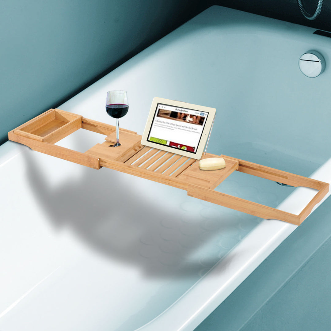 Extendable Bamboo Bathtub Shelf Rack Bath Caddy Tray Bathroom Storage 75-109Lx23.5Wx4T cm