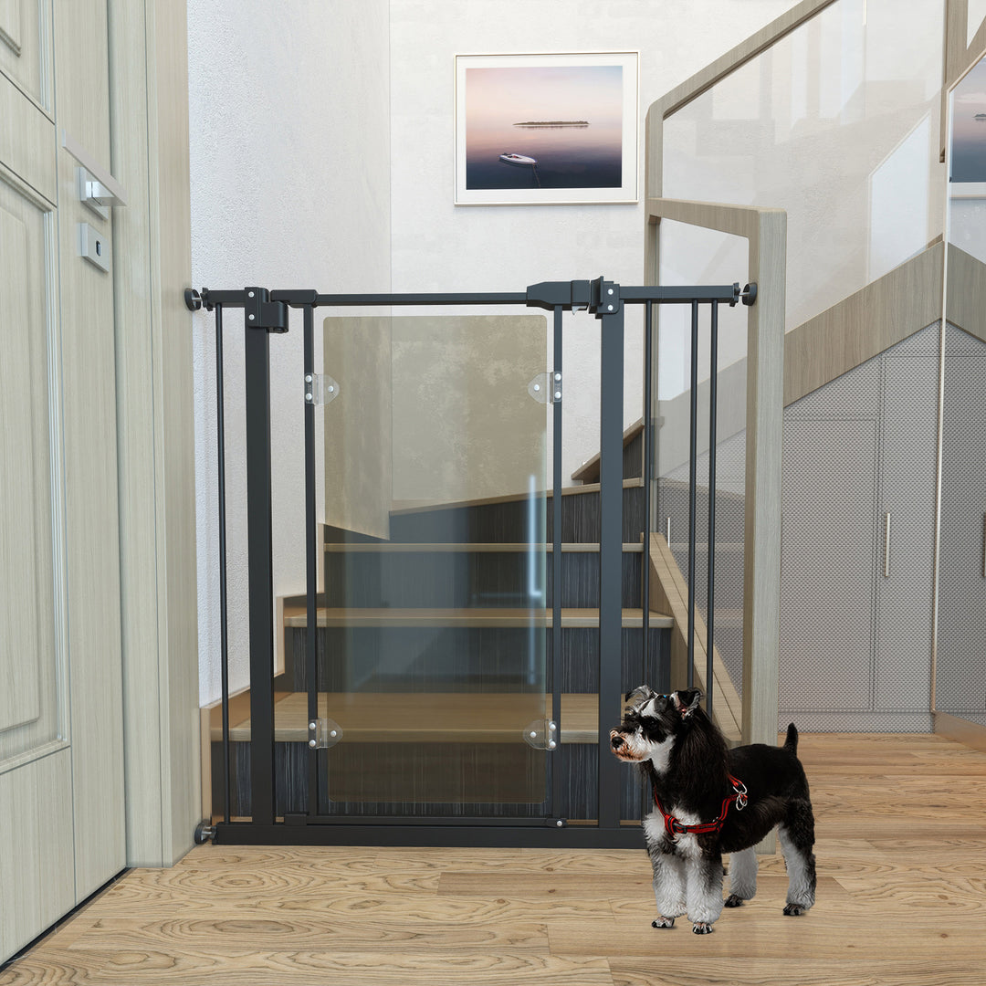 PawHut Pressure Fit Pet Safety Gate, Auto-Close Dog Barrier Stairgate Double Locking, Acrylic Panel for Doors, Hallways, Extensions Kit, Black