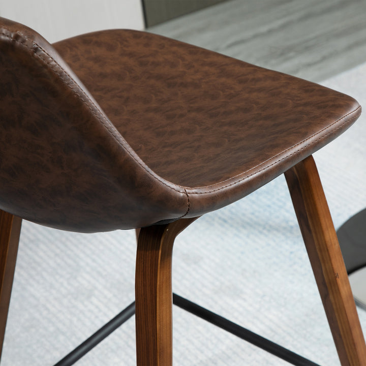 Bar Stools Set of 2, Breakfast Bar Chairs, Tall Kitchen Stools PU Leather with Backrests and Wood Legs, Brown