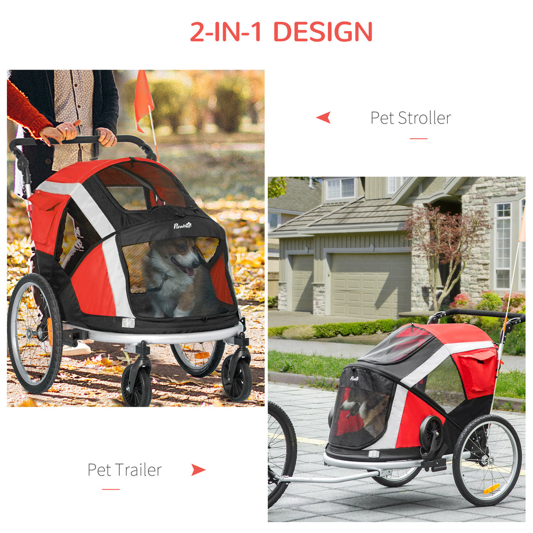 Dog Bike Trailer, Two-In-One Foldable Pet Bike Trailer w/ Safety Leash, Flag, for Small Cats, Puppies, Camping, Hiking - Red