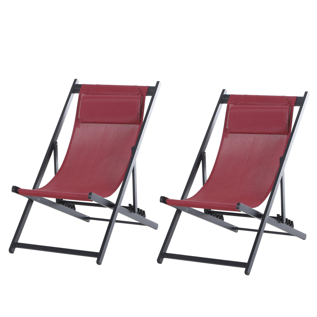 Set of 2 Folding Garden Beach Deck Chairs Deckchairs Seaside Folding Garden Patio Lounger, Red