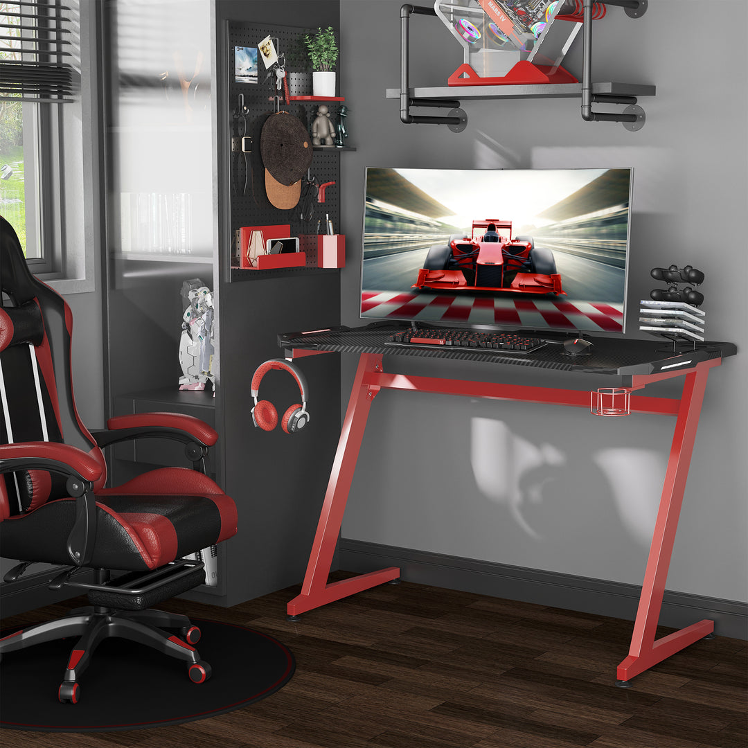 Gaming Desk, Ergonomic Home Office Desk, Gamer Workstation Racing Table, with Headphone Hook and Cup Holder, 122 x 66 x 86cm, Black and Red