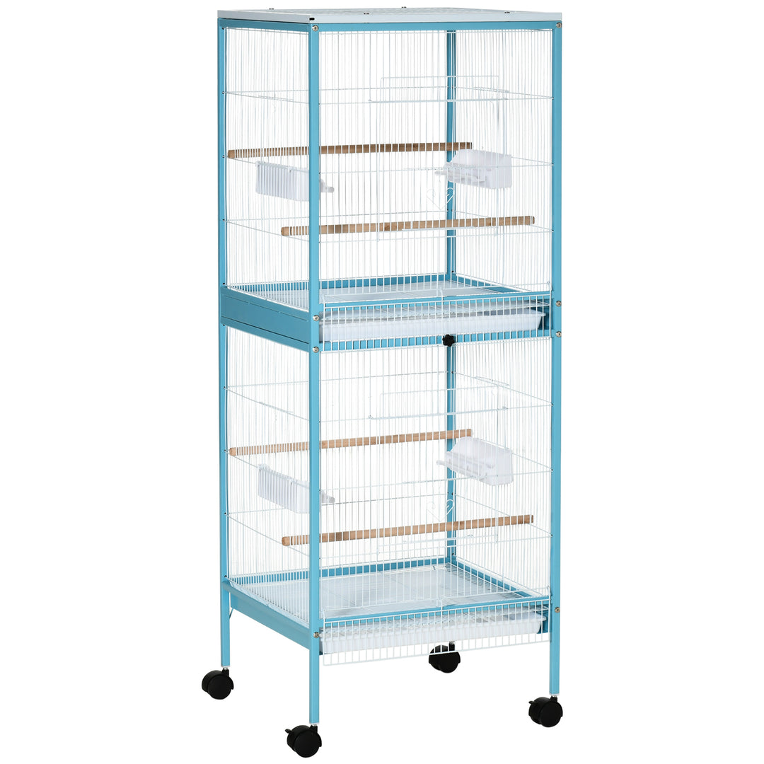 2 In 1 Large Bird Cage Aviary for Finch Canaries, Budgies with Wheels, Slide-out Trays, Wood Perch, Food Containers, Light Blue