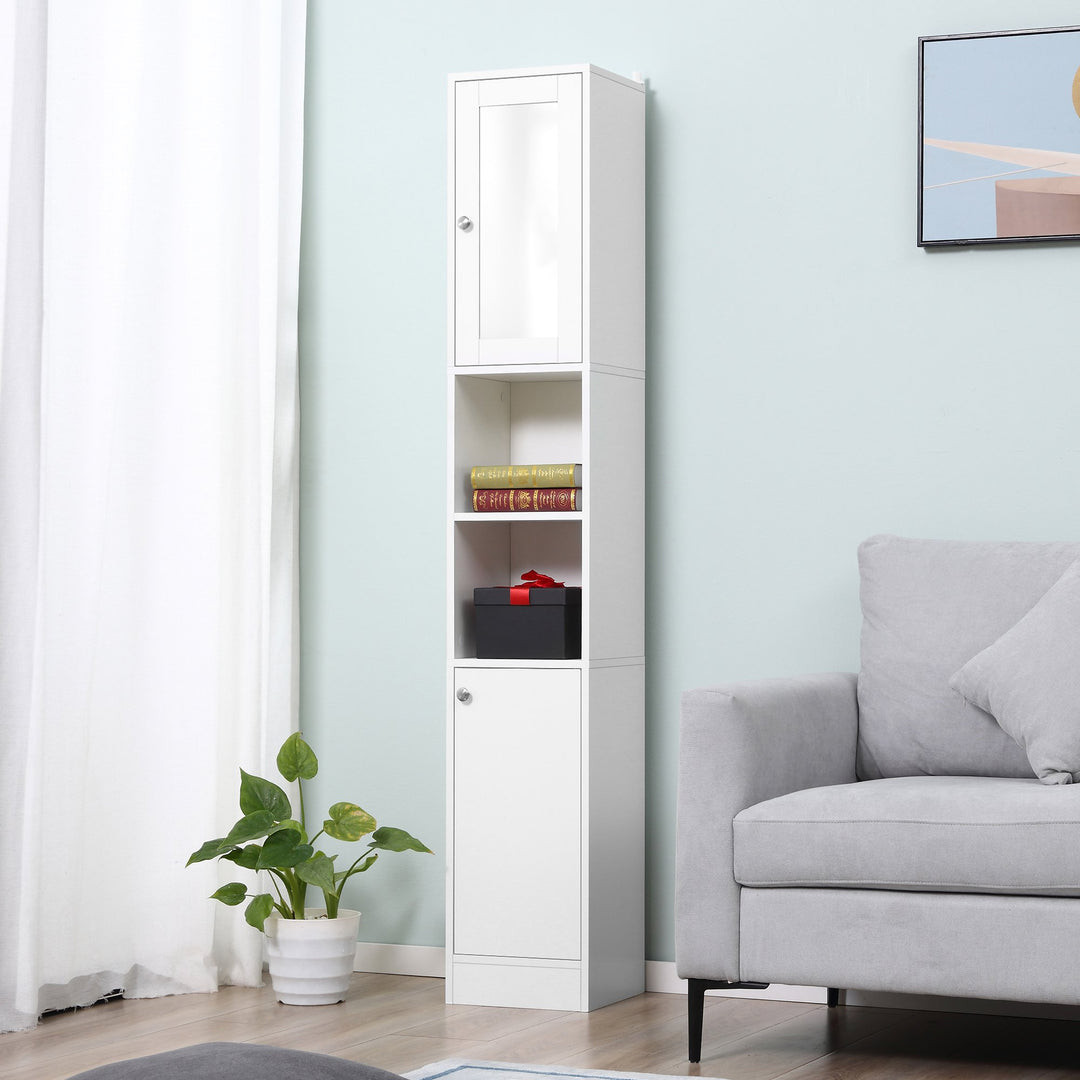 Tall Bathroom Storage Cabinet with Mirror, Freestanding Floor Cabinet Tallboy Unit with Adjustable Shelves, White