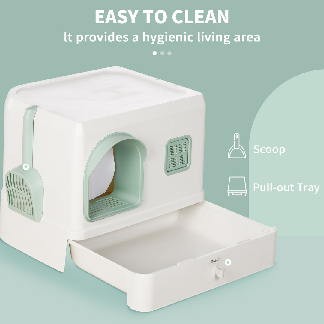 Cat Litter Box with Drawer Pan, Hooded Cat Litter Tray with Scoop, Deodorants, Front Entrance, 50 x 40 x 40 cm, White