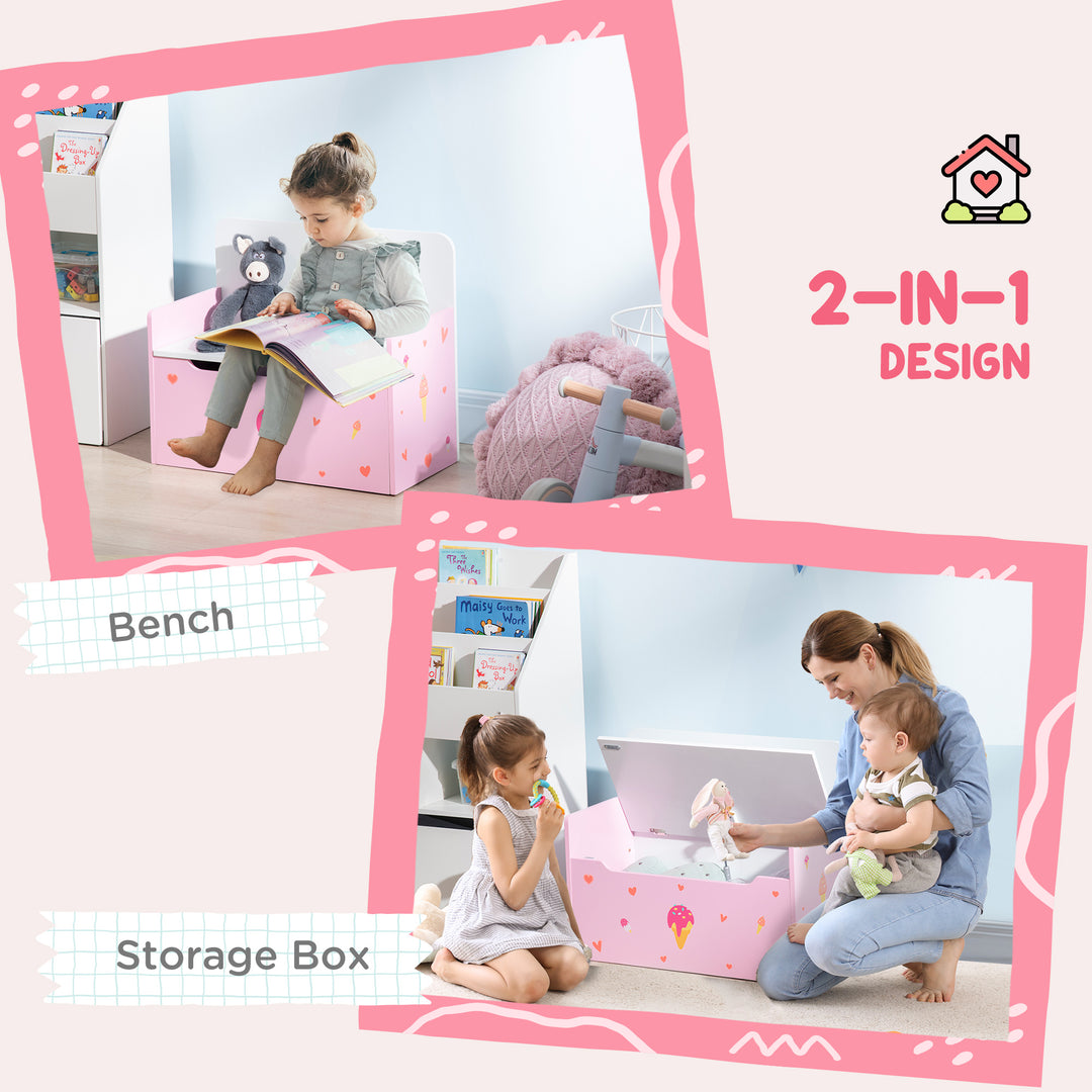 2-IN-1 Wooden Toy Box, Kids Storage Bench Toy Chest with Safety Pneumatic Rod, Cute Pattern, Pink