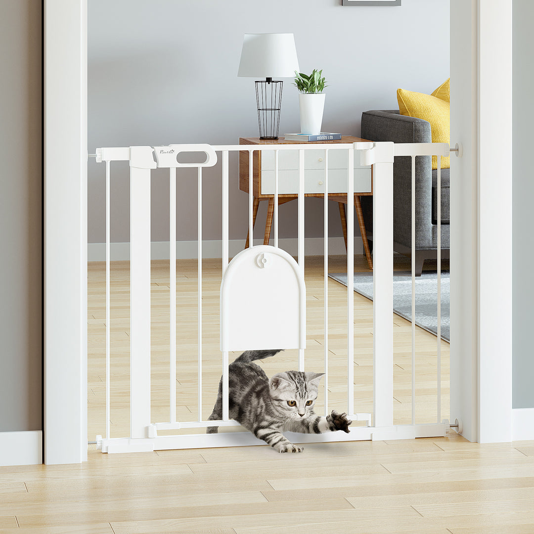 Dog Gate with Cat Flap Pet Safety Gate Barrier, Stair Pressure Fit, Auto Close, 75-103 cm White