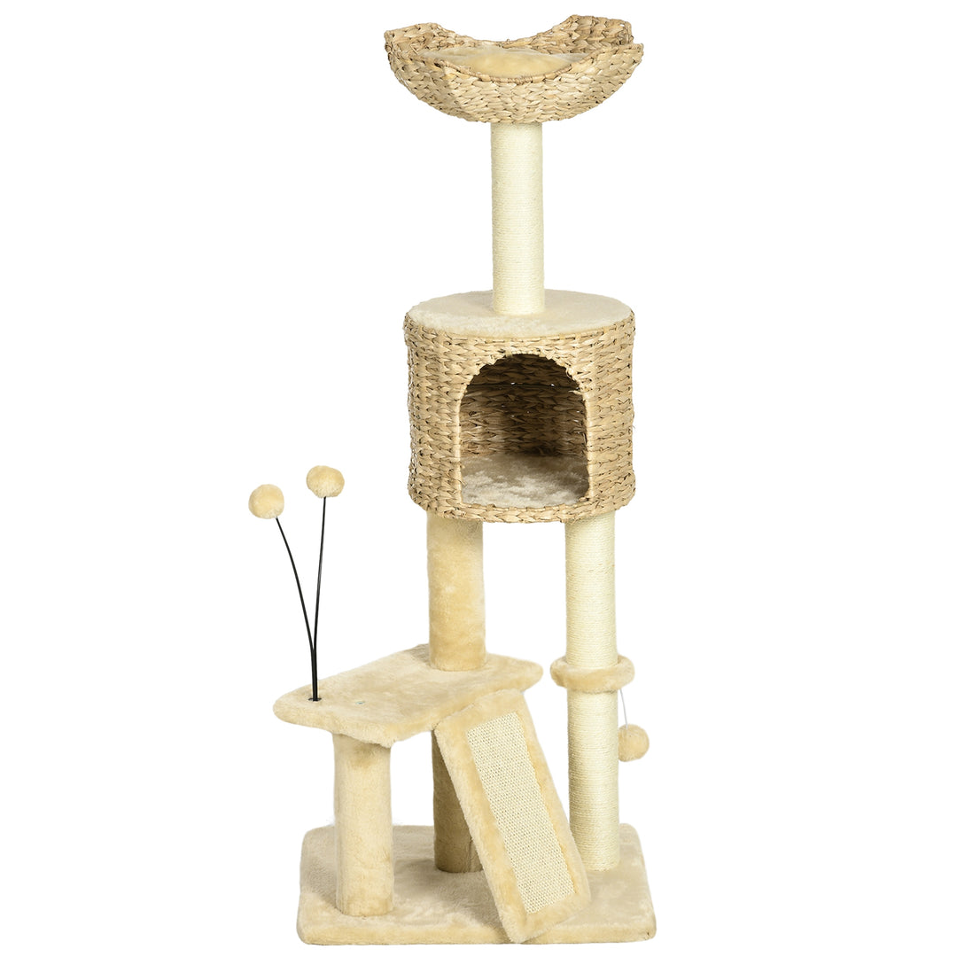 Cat Tree Tower with Scratching Post, Cat House, Bed, Toy Ball, Platform - Beige