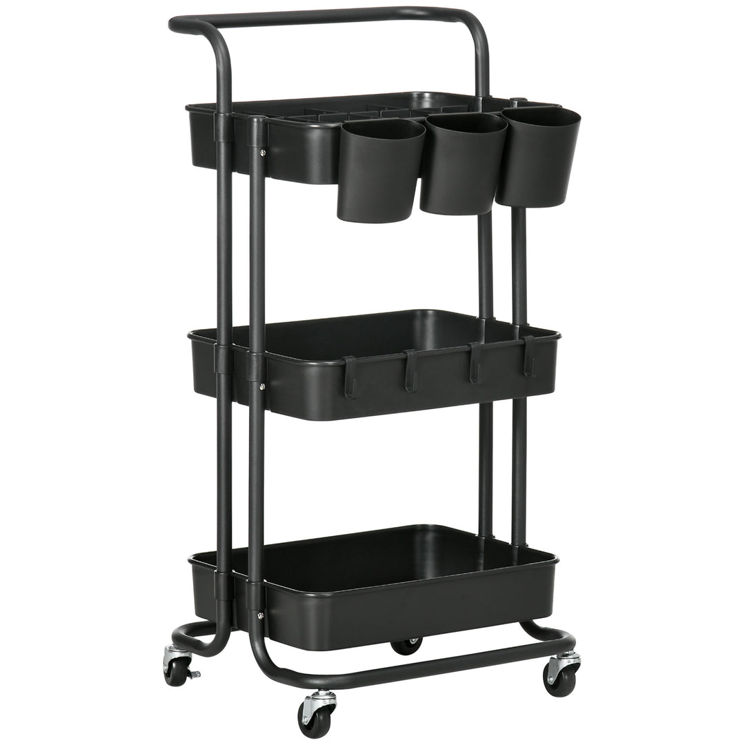 3 Tier Utility Rolling Cart, Kitchen Cart with 3 Removable Mesh Baskets, 3 Hanging Box, 4 Hooks and Dividers for Living Room, Laundry Black