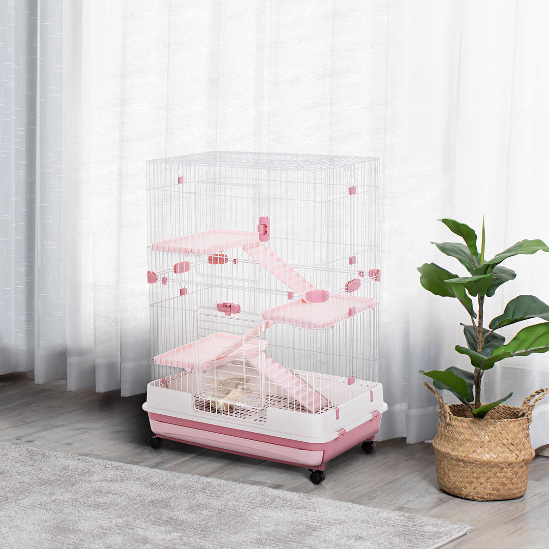 Four-Tier Small Animal Cage, for Bunnies, Ferrets, Chinchillas w/ Wheels, Tray - Pink