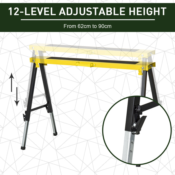 DURHAND 2PCS Saw Horse Twin Pack Folding Workbench Adjustable Metal Trestle Stands with Non-slip EVA Surface for Sawing Work Max Load 100kg