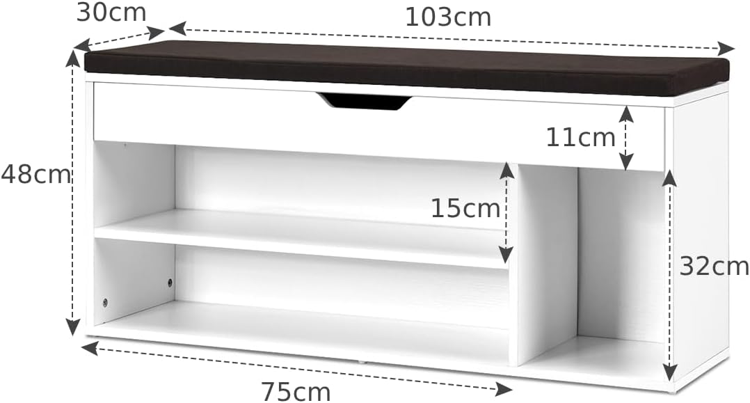 Shoe Bench with Hidden Compartment and Open Shelves-White