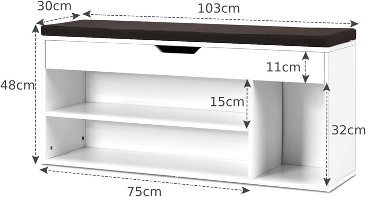Shoe Bench with Hidden Compartment and Open Shelves-White
