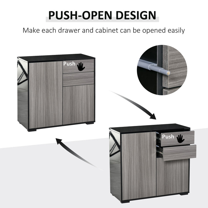 Modern Stylish Freestanding Push-Open Design Cabinet with 2 Drawer, 2 Door Cabinet, 2 Part Inner Space-Light Grey and Black