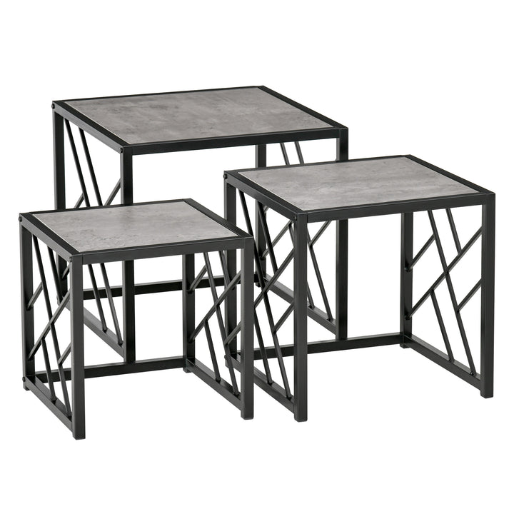 Set of 3 Nest of Tables, Square Side Tables with Black Metal Frame, for Living Room, Bedroom and Office, Grey