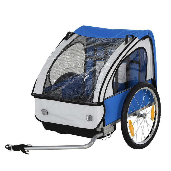 2 Seat Bike Trailer Bicycle wagon for Kids Child Steel Frame Safety Harness Seat Carrier Blue White 130 x 76 x 88 cm