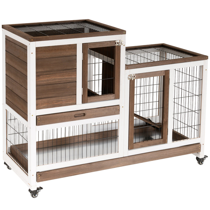 PawHut Wooden Indoor Rabbit Hutch Guinea Pig House Bunny Small Animal Cage W/ Wheels Enclosed Run 110 x 50 x 86 cm, Brown