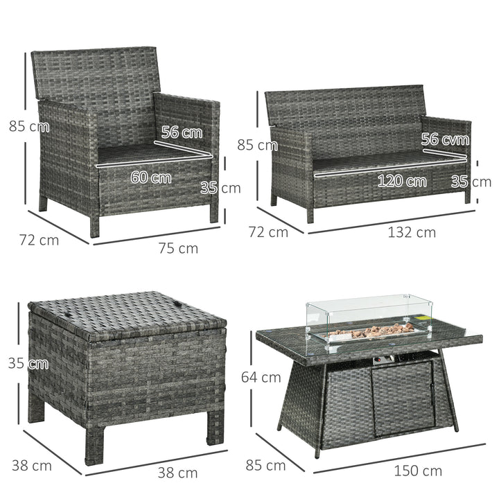 6-Seater Rattan Garden Furniture Set w/ Gas Fire Pit Table, Wicker Loveseat, 2 Armchairs and 2 Footstools, Grey