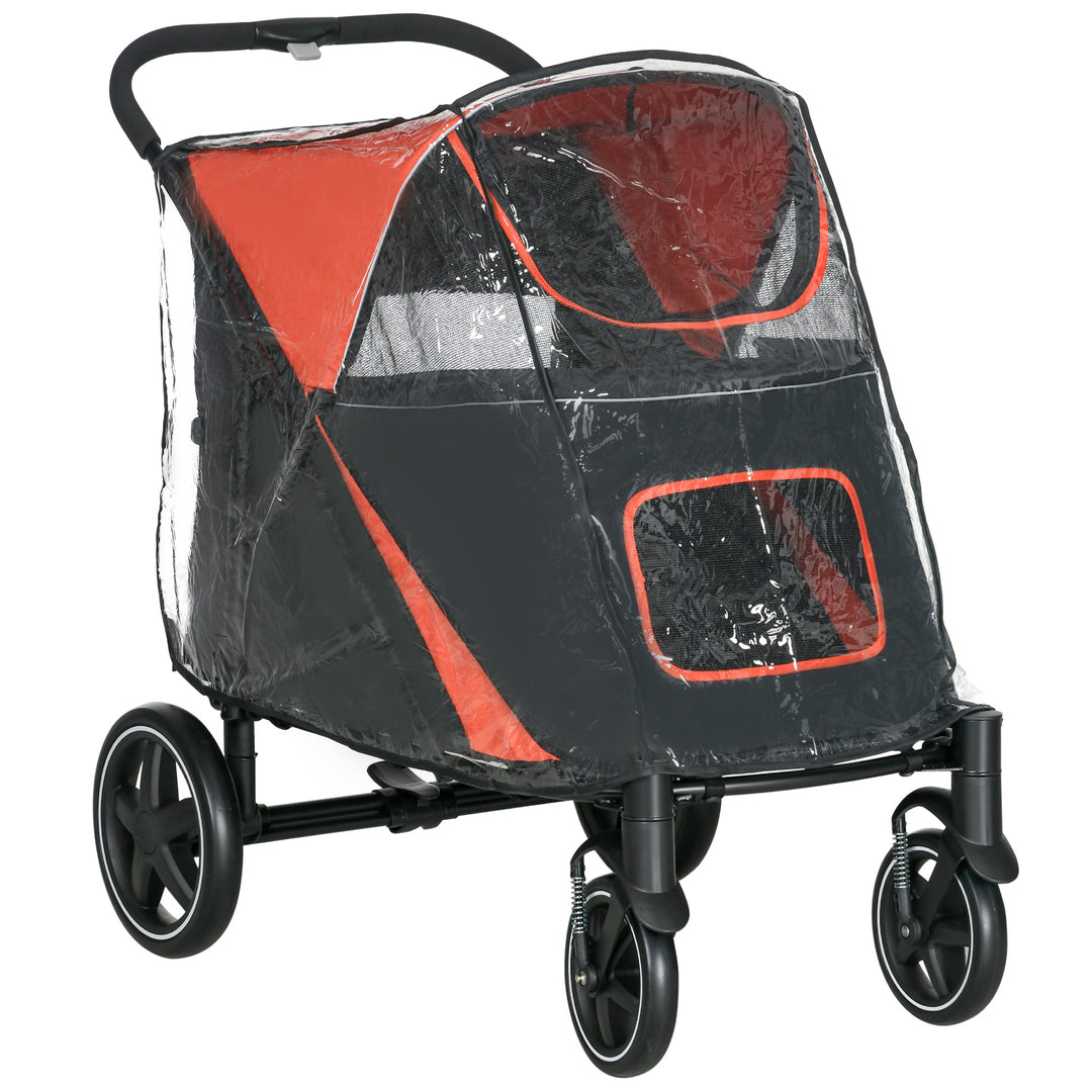 One-Click Foldable Pet Travel Stroller with Rain Cover, Cat Dog Pushchair with Front Wheels - Red