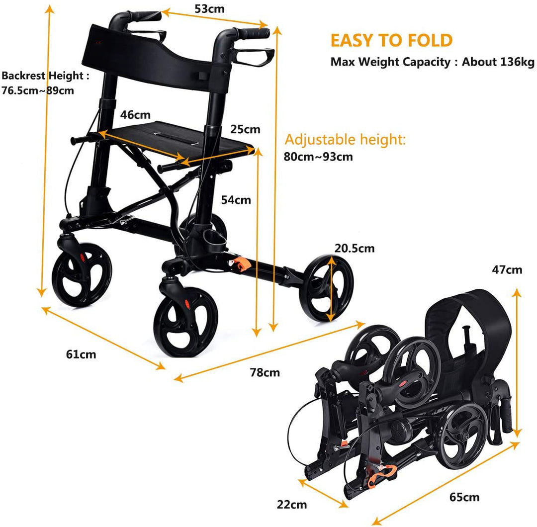 Foldable Rollator Mobility Aid with Bag-Black