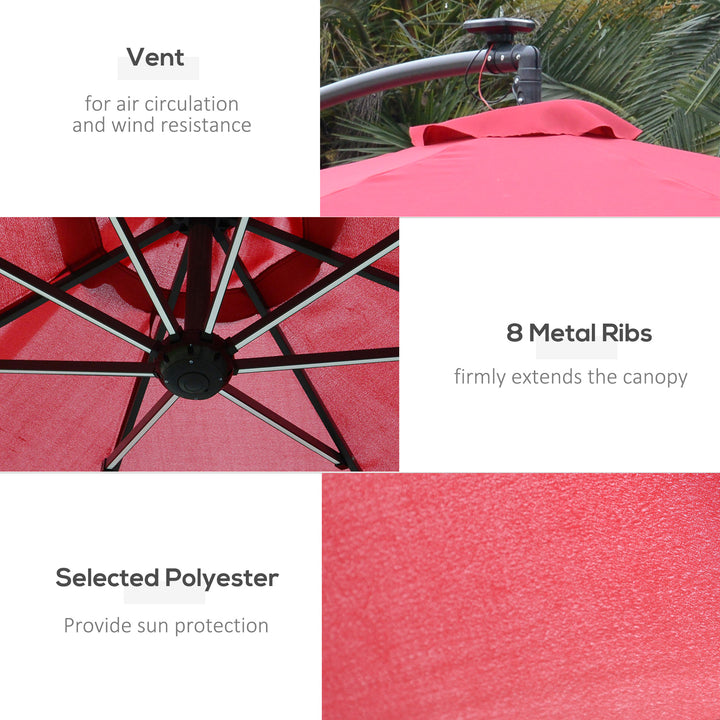 3m LED Patio Banana Umbrella Cantilever Parasol w/ Crank Cross Base Hanging Offset Umbrella Frame Steel  Aluminium Garden Table Outdoor Red