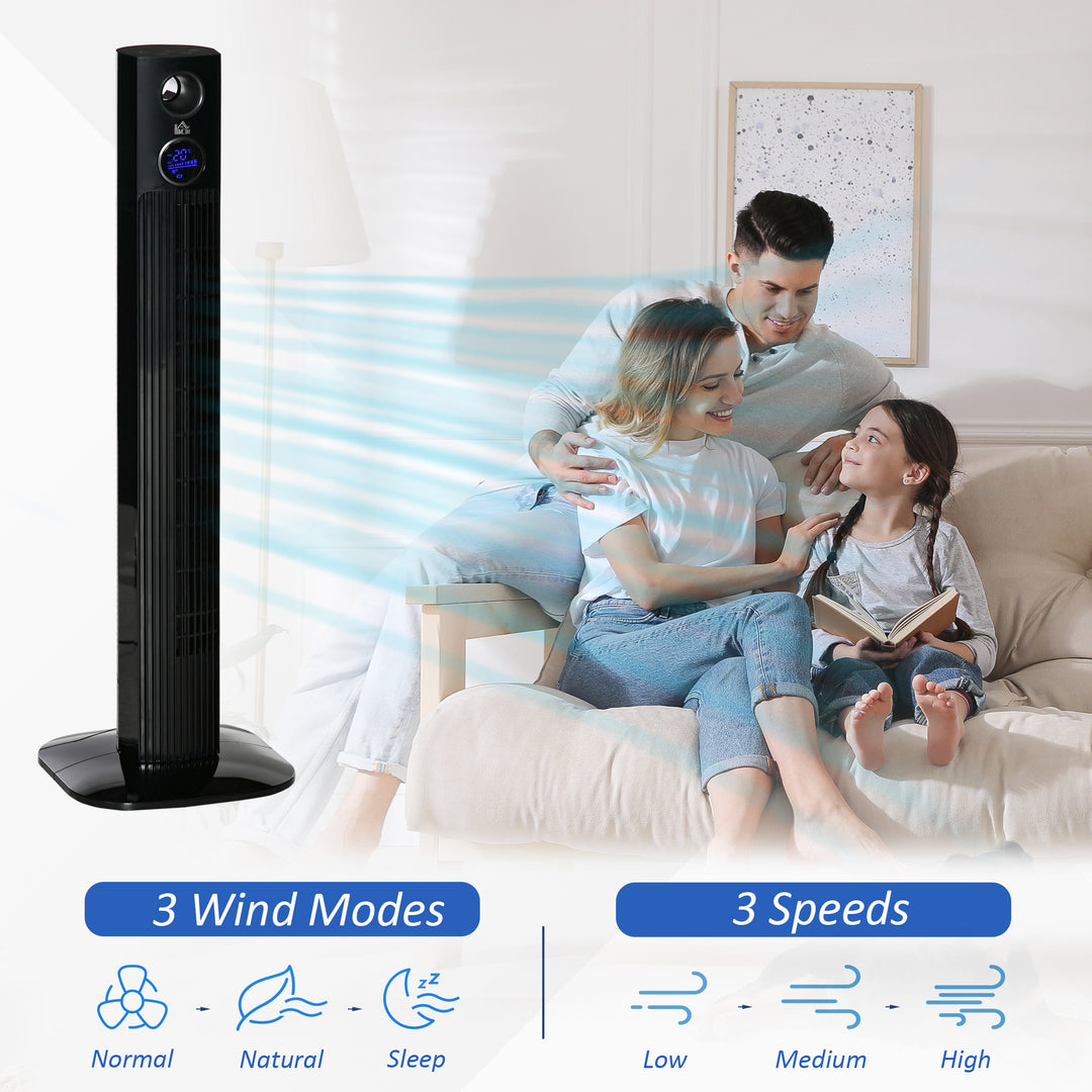 HOMCOM 38" Electric Fan Fan Cooling with Aroma Function, Oscillating, 12h Timer, LED Sensor Panel, Remote Controller, Black