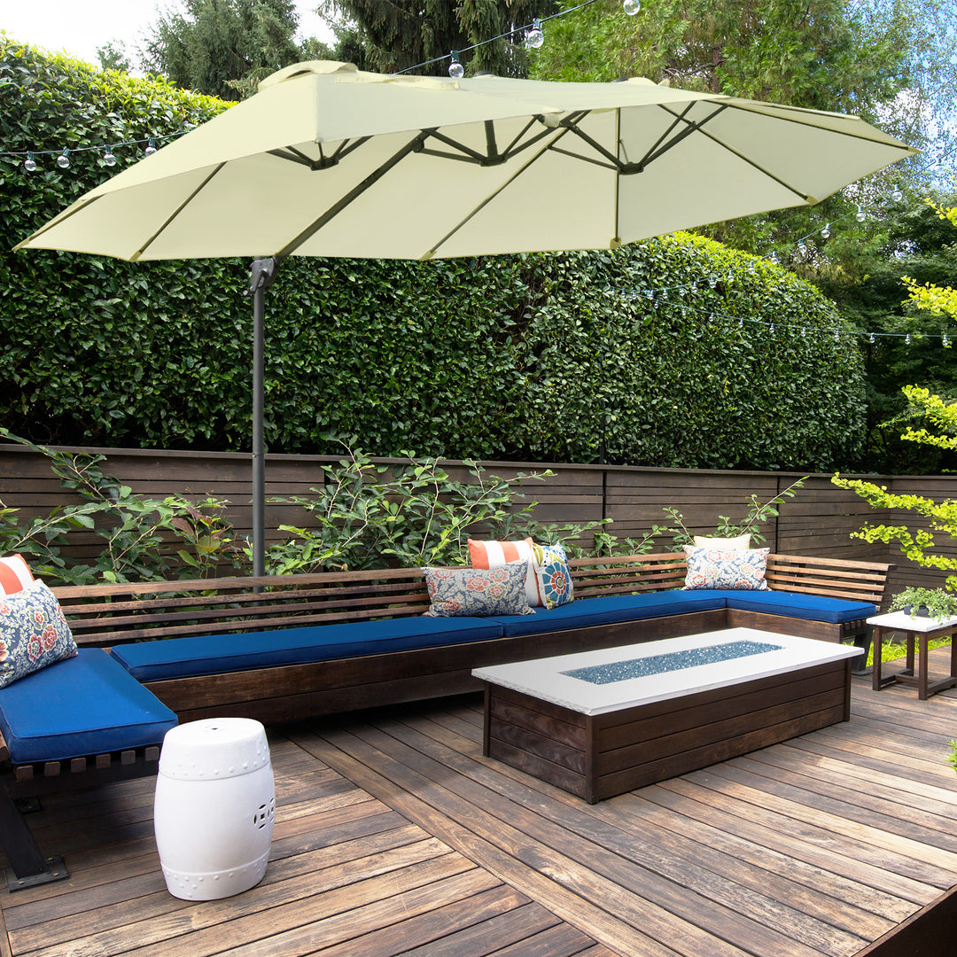 Double Parasol Patio Umbrella Garden Sun Shade w/ Steel Pole 12 Support Ribs Crank Handle Easy Lift Twin Canopy - Beige | AOSOM UK