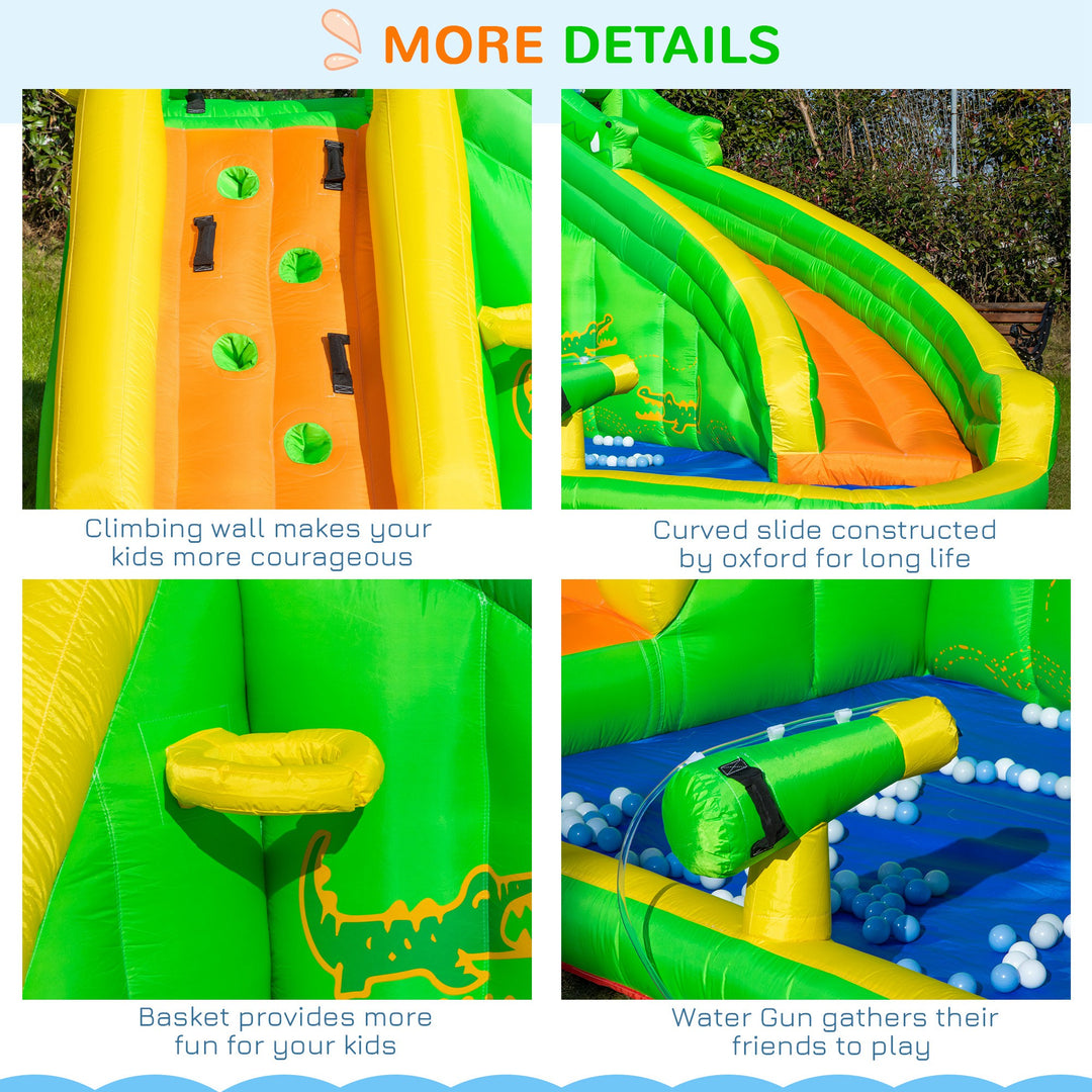 Outsunny 5 in 1 Kids Bouncy Castle Large Crocodile Style Inflatable House Slide Basket Water Pool Climbing Wall for Kids Age 3-8, 3.85 x 2.85 x 2.25m
