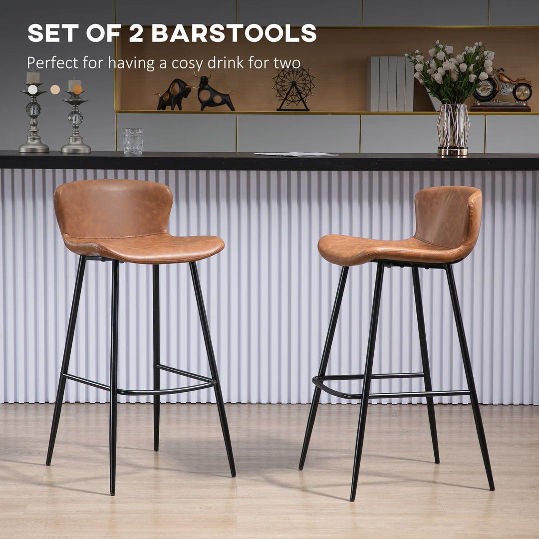 Bar Stools Set of 2, PU Leather Upholstered Bar Chairs, Kitchen Stools with Backs and Steel Legs for Dining Room, Brown