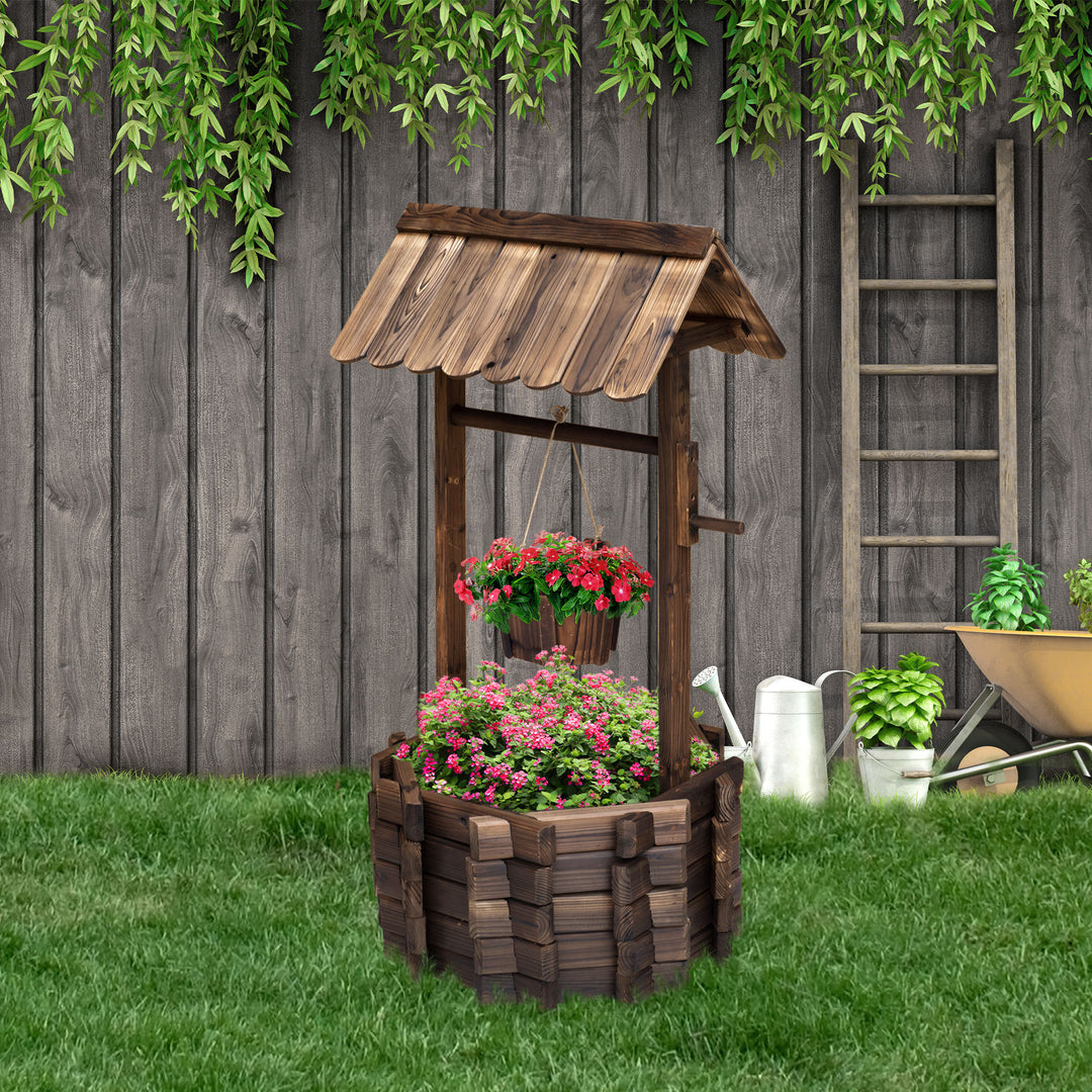 Wooden Wishing Well Planter Outdoor Flower Pot Backyard Garden Decor w/ Bucket