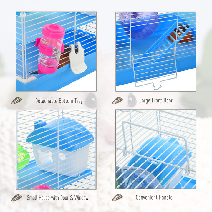 Pawhut 2 Tier Hamster Cage Carrier Habitat Small Animal House with Exercise Wheels Tunnel Tube Water Bottle Dishes House Ladder for Dwarf Mice, Blue