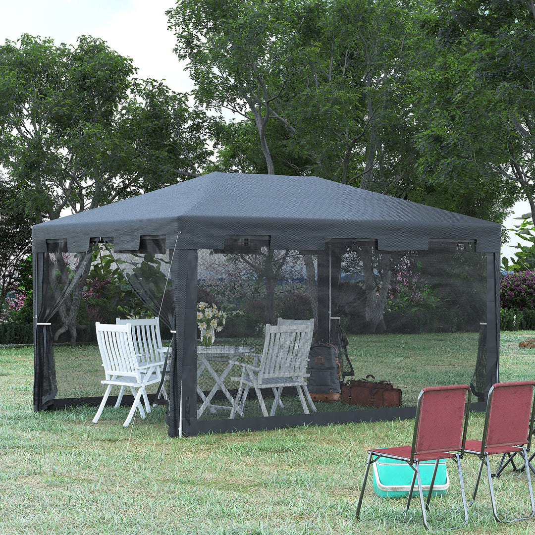 Outsunny 4 m x 3 m Gazebo Party Tent Outdoor Canopy Garden Sun Shade w/ Mesh Sidewalls, Dark Grey