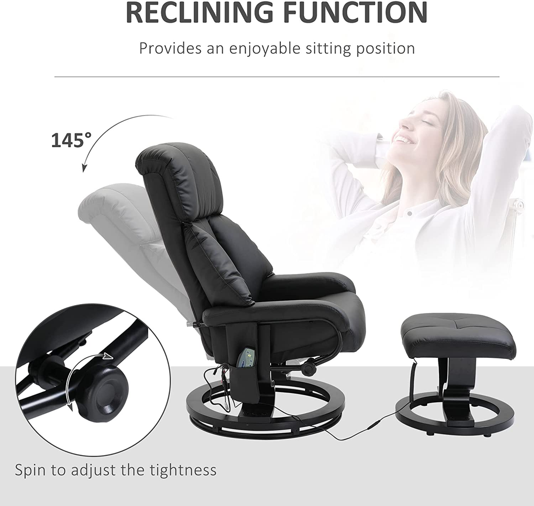 Electric Massage Recliner Chair with Ottoman, Faux Leather Swivel Recliner with Remote Control for Living Room, Black