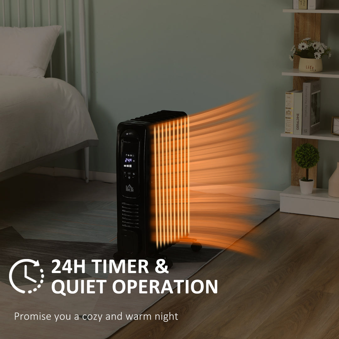 HOMCOM 2180W Digital Oil Filled Radiator, 9 Fin, Portable Electric Heater with LED Display, Timer 3 Heat Settings Safety Cut-Off Remote Control Black