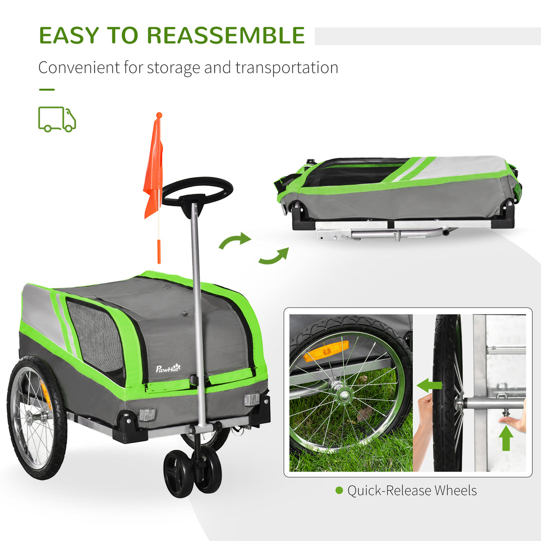 PawHut Dog Bike Trailer Two-In-One Trolley Stroller Cart Bicycle Carrier for Cat Puppy Travel w/ Reflectors Red Flag – Green