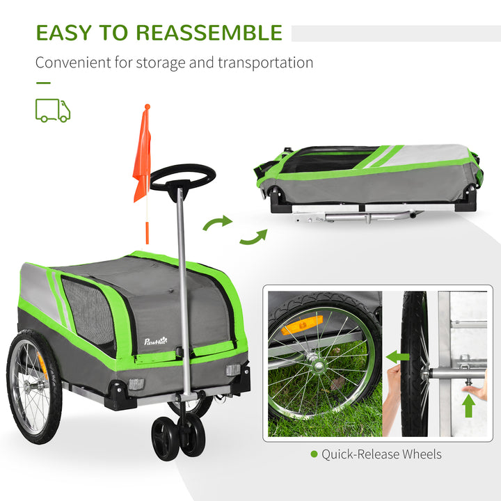 PawHut Dog Bike Trailer Two-In-One Trolley Stroller Cart Bicycle Carrier for Cat Puppy Travel w/ Reflectors Red Flag – Green