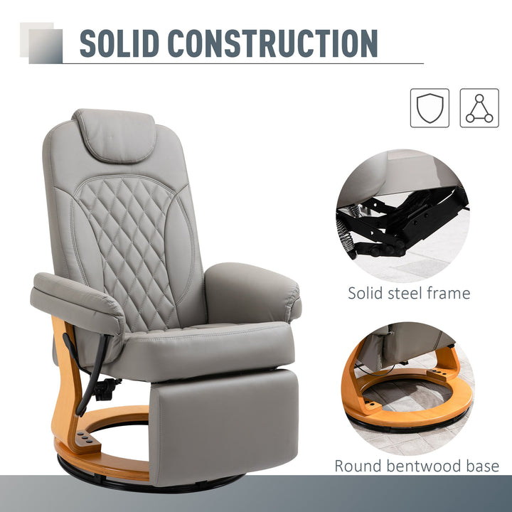 HOMCOM PU Recliner Chair with Footrest, Headrest, Round Wood Base, Lounge Reading Armchair for Living Room, Bedroom, Office, Grey