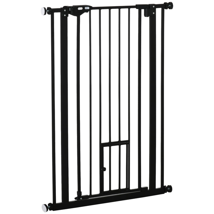 PawHut Extra Tall Dog Gate with Cat Door, Pet Safety Gate for Doorways Stairs with Auto Close Double Locking, 104 cm Tall 74-80 cm Wide, Black